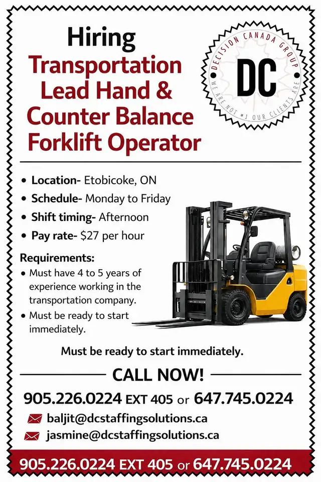 Hiring Transportation Lead Hand with Counter Balance Experience