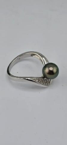 14KT White Gold Wave Ring -Tahitian Black Pearl & Diamond Accent - Photo 6