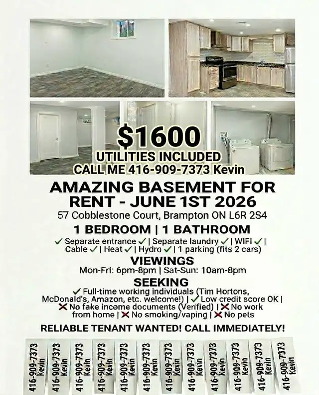 1 bedroom 1 bathroom basement June 1st $1600