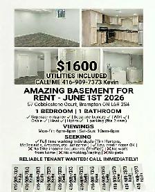 1 bedroom 1 bathroom basement June 1st $1600