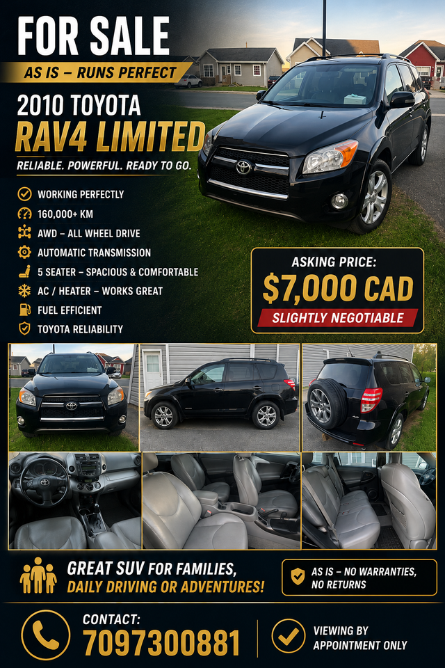 FOR SALE – 2010 TOYOTA RAV4 LIMITED Clean, reliable