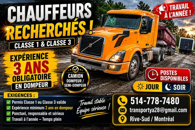 Chauffeur Classe 1 ou 3 – Camion Dompeur – Rive-Sud / Montréal