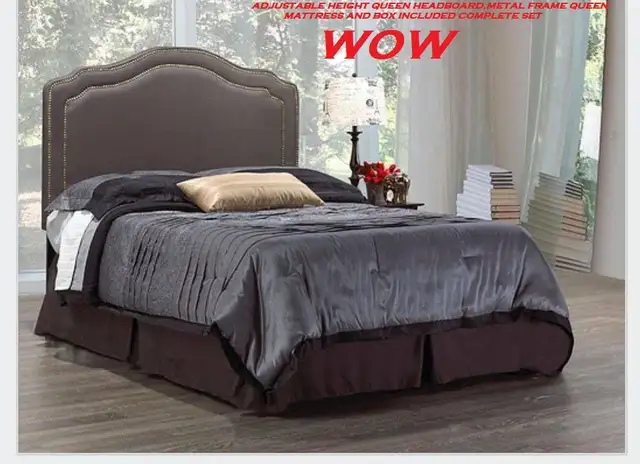 QUEEN HEADBOARD WITH SILVER NAILHEADS METAL FRAME ,MATTRESS BOX,