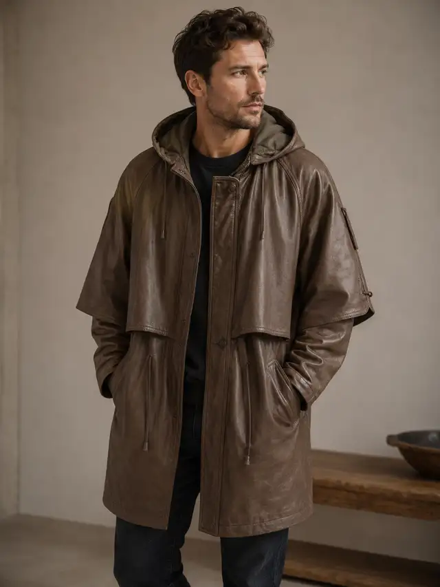 Men’s Hooded Leather Parka Jacket