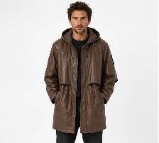 Men’s Hooded Leather Parka Jacket - Photo 3