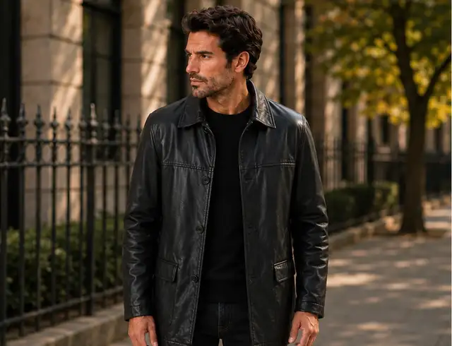 Men’s Classic Black Leather Coat 4XL