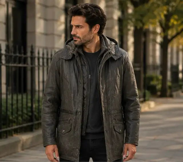 Men’s Hooded Leather Coat – Distressed Charcoal XL