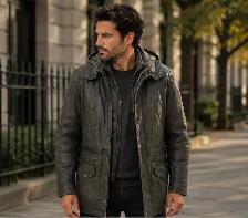 Men’s Hooded Leather Coat – Distressed Charcoal XL