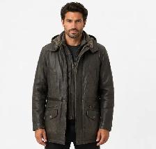 Men’s Hooded Leather Coat – Distressed Charcoal XL - Photo 2