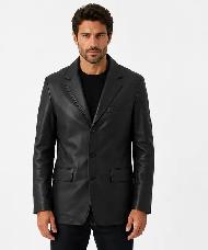 Men’s Classic Black Leather Blazer Jacket - Photo 2