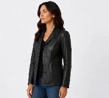 Women’s Classic Black Leather Blazer Jacket - Photo 5