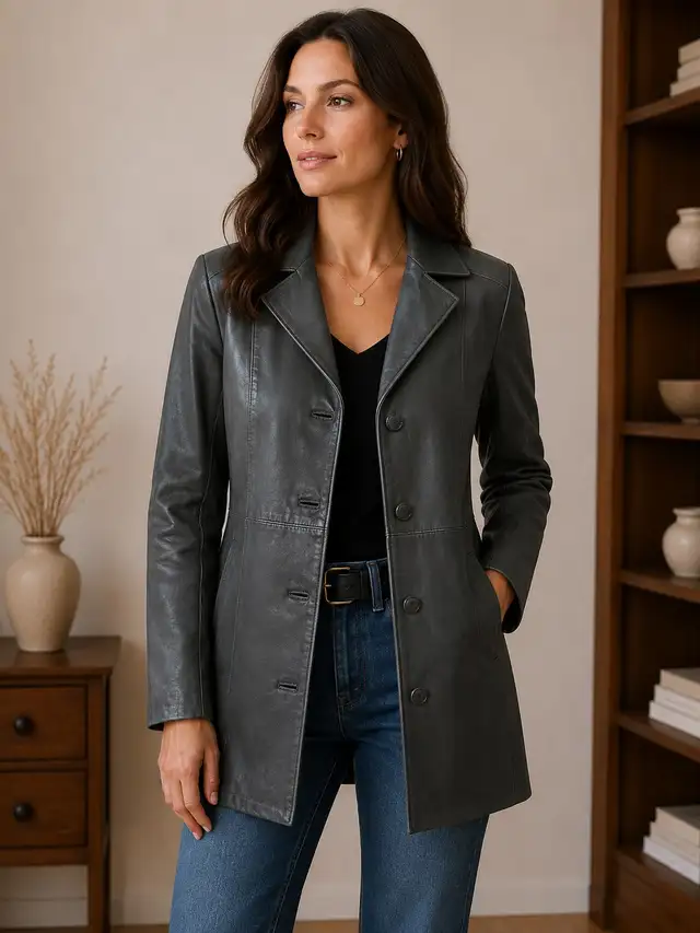 Women’s Tailored Grey Leather Jacket