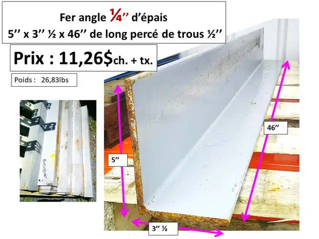 Fer angle 1/4'' d'épais x 5'' x 3'' 1/2 x 46'' usagés et autres