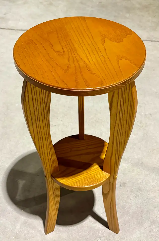 Vintage Ash Wood Two-Tiered Pedestal Plant Stand w Tripod Base