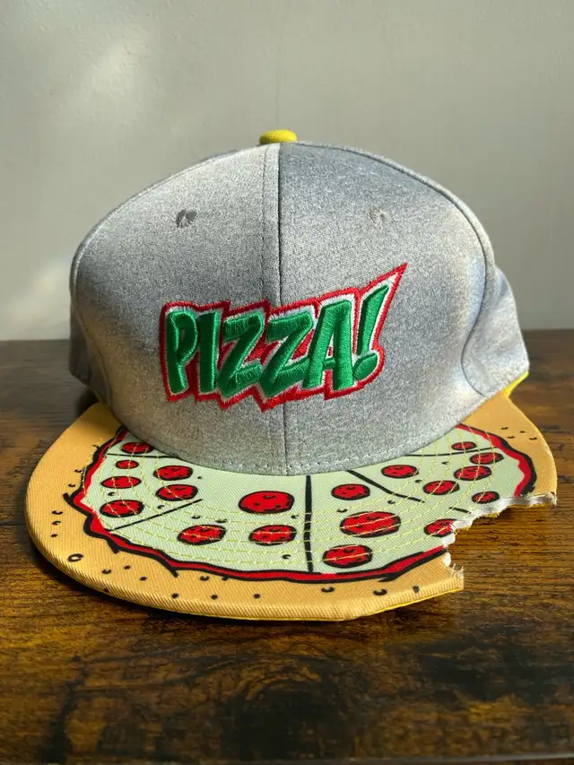 Gray Pizza Graphic Snapback Hat with Yellow Brim