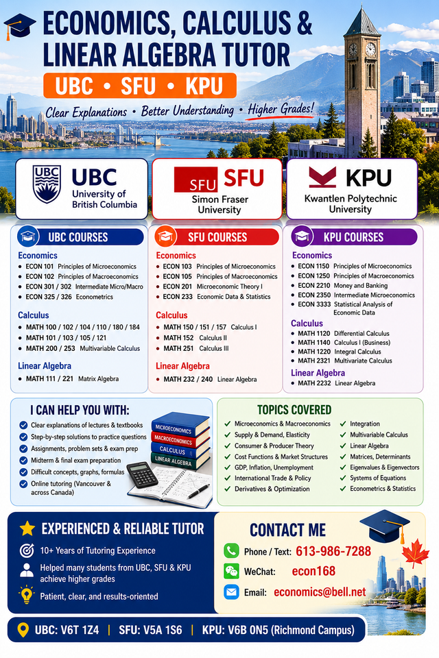 Economics, Calculus & Statistics Tutor 4 UBC, SFU, KPU，BCIT, UCW