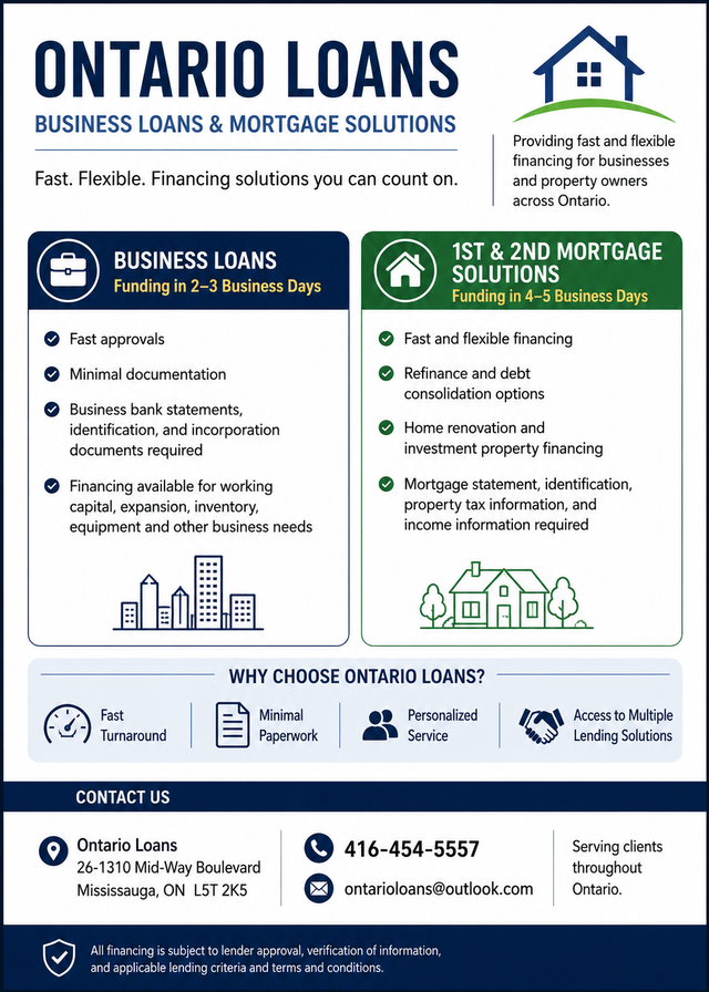 Ontario Loans |Business Loans | Mortgages | Fast Approvals