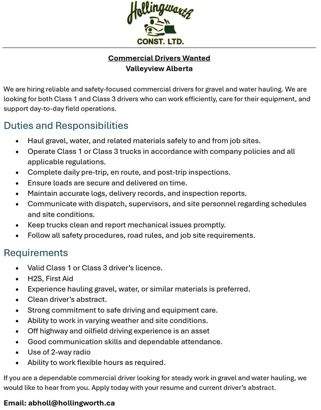 Commercial Driver Wanted, Valleyview/Fox Creek