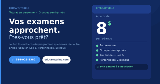 Tutorat en groupes semi-privés | 1re — Sec 5 | Dès 8 $/séance