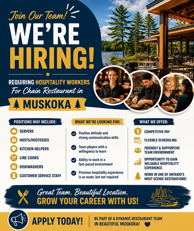 Hospitality Workers For Chain Restaurant in Muskoka (URGENT)!