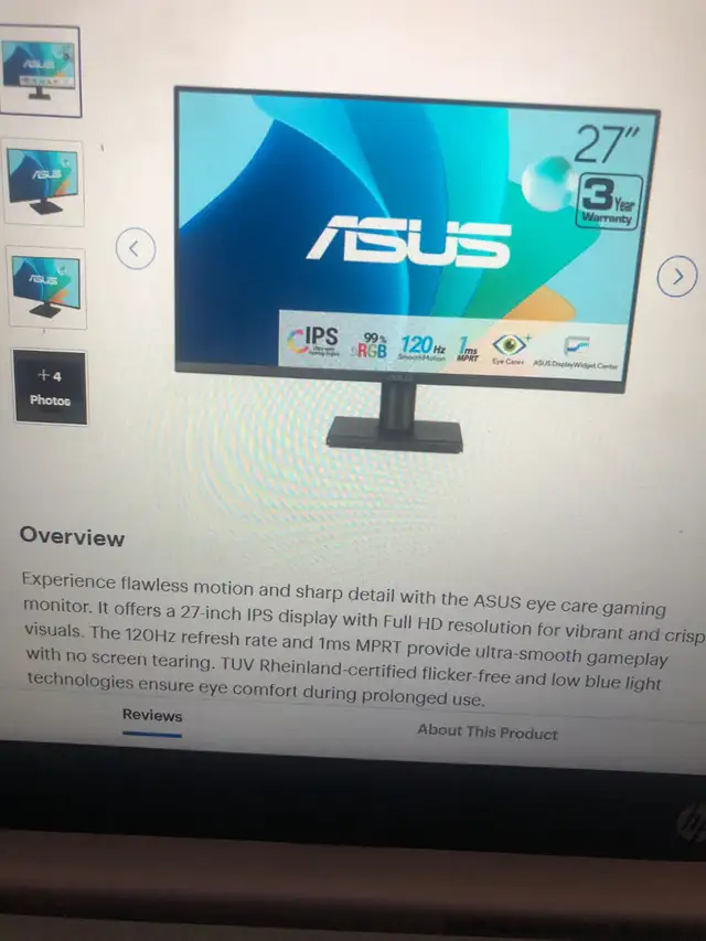 ASUS Eye Care 27' FHD 120Hz 1ms IPS LED Gaming Monitor for sale