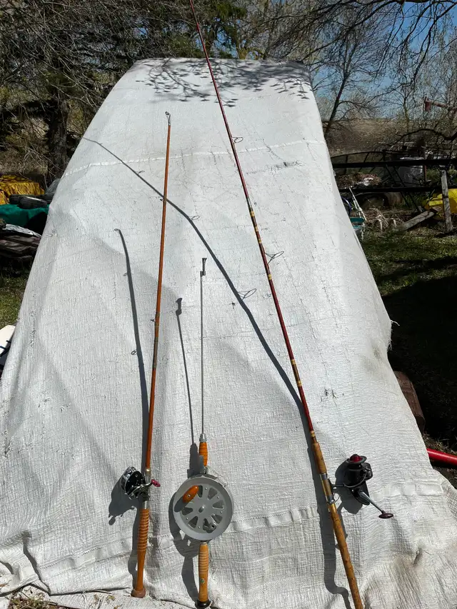 3 antique fishing rods and reels
