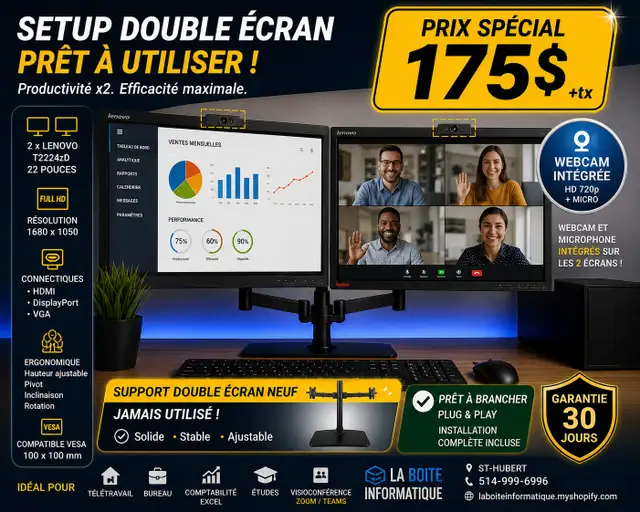 Setup Double – Écran Lenovo 22po   Webcam – Support Double NEUF