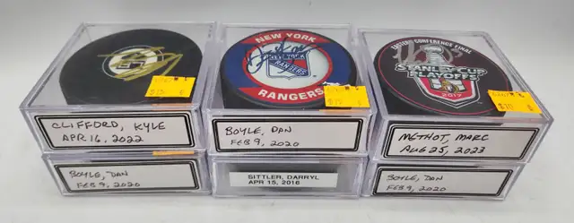 NHL Autographed Hockey Pucks: Clifford, Boyle, Sittler, Methot