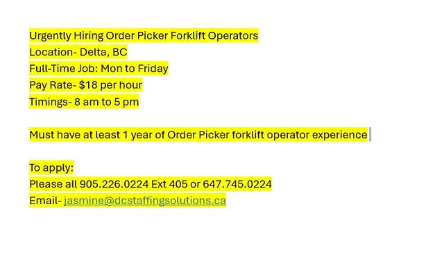 Hiring Order Picker- Forklift Operators and General Labor
