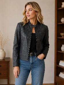 Women’s Embossed Biker Leather Jacket – Size XXL