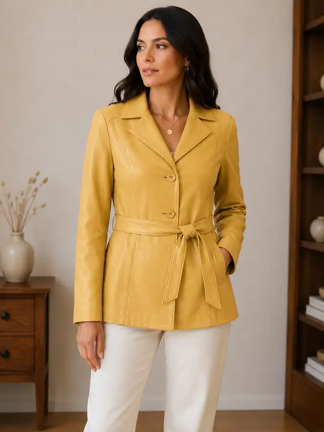 Women’s Honey Leather Belted Jacket – Size Medium