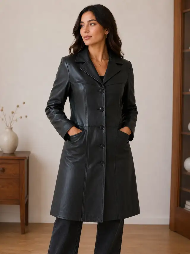 Women’s Long Leather Coat – Size 2XS