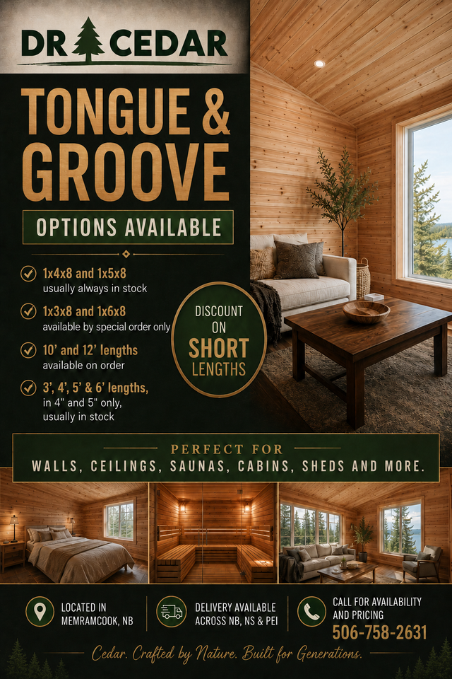 CEDAR TONGUE & GROOVE  / RAINURE & LANGUETTE EN CEDRE
