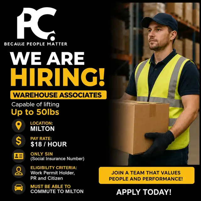 Now Hiring Warehouse Associates in Milton — $18/Hour