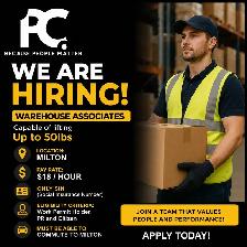 Now Hiring Warehouse Associates in Milton — $18/Hour