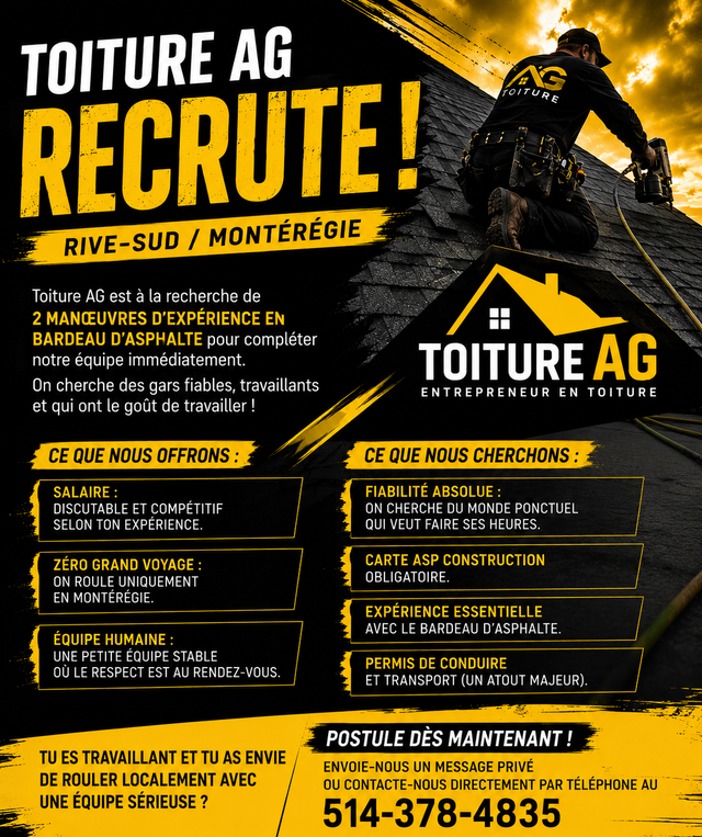 Manœuvre toiture recherché – Rive-Sud de Montréal