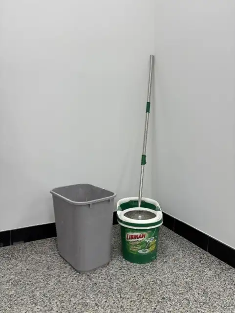 FREE LIBMAN SPIN MOP and STAPLES WASTE BASKET - as is