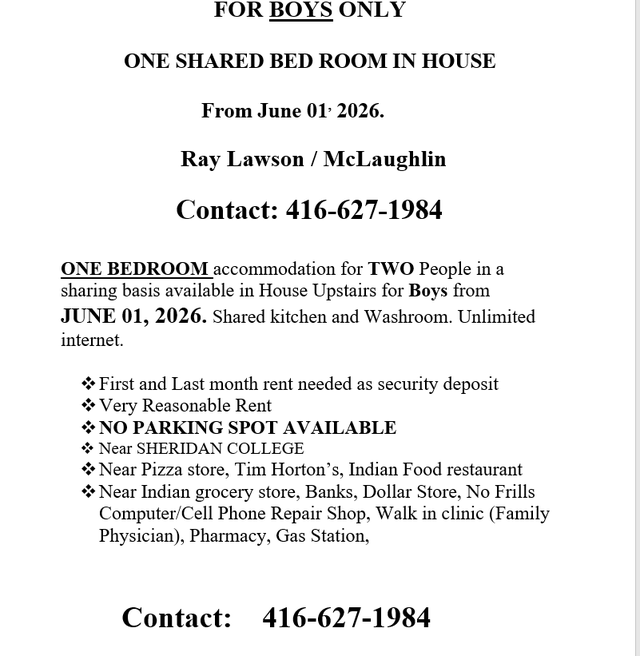 ONE BEDROOM in a house available for TWO BOYS on sharing basis