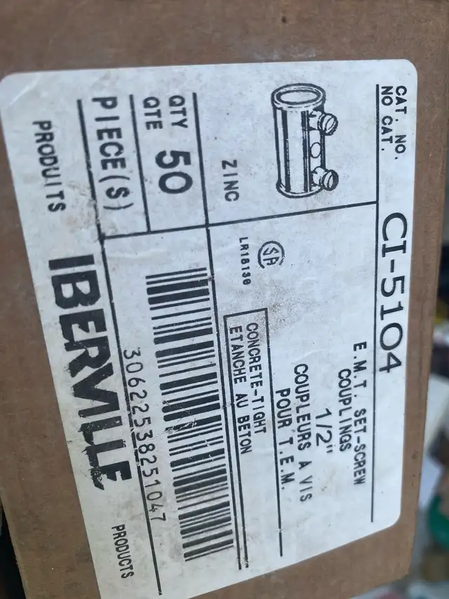 Iberville half inch EMT set screw couplings