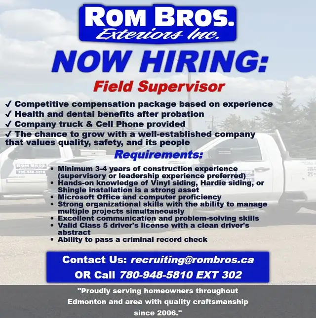 Now Hiring: Field Supervisor – Siding & Roofing -Edmonton