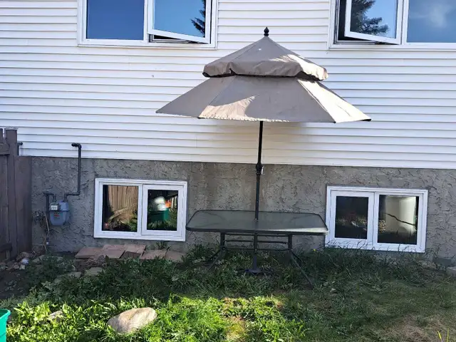 Outdoor Glass Table and Sun Umbrella