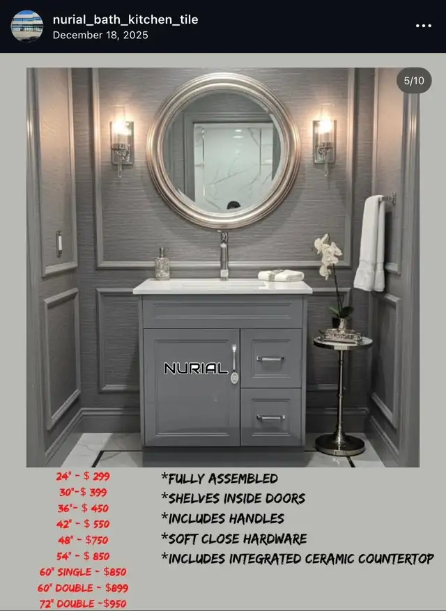kitchen quartz countertops LED mirrors shower fixtures
