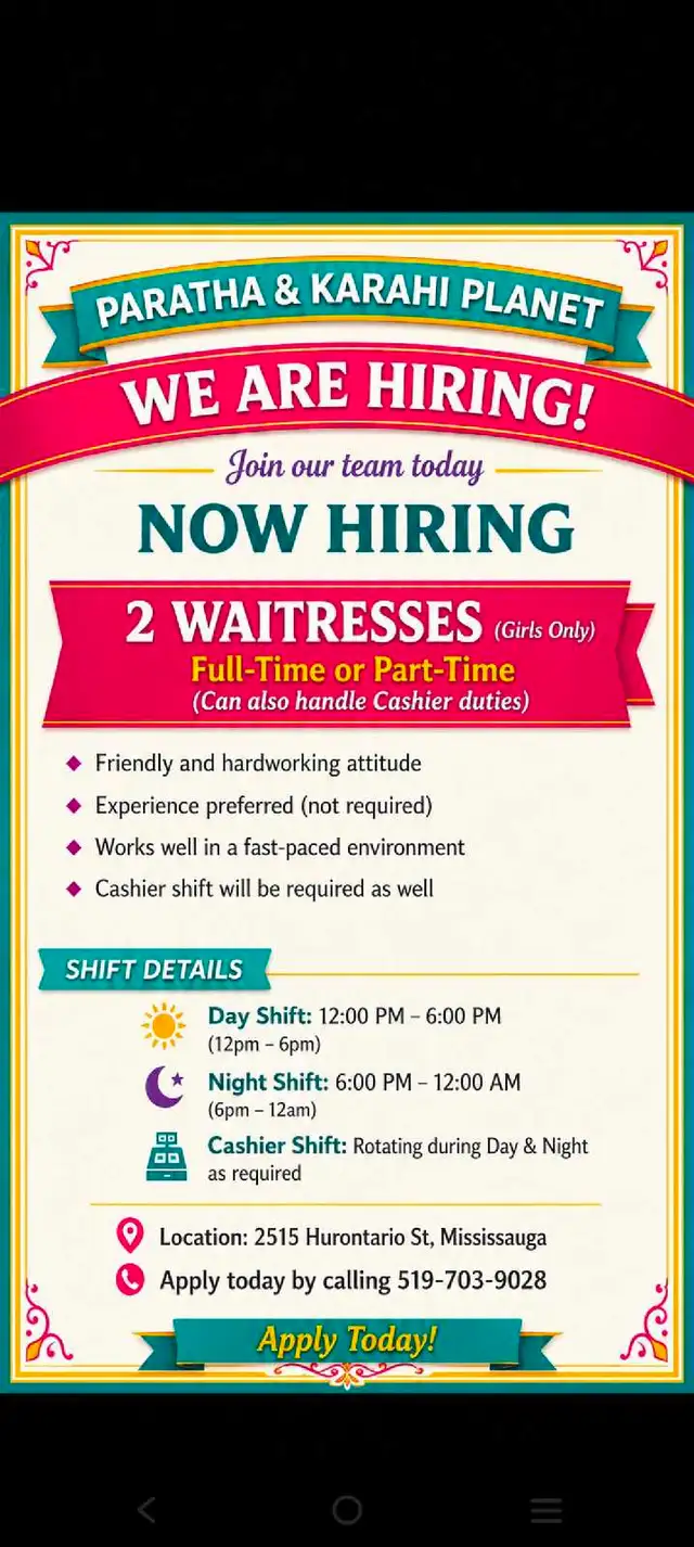 Urgent! Paratha & Karahi Planet is Hiring Waitresses/Cashiers