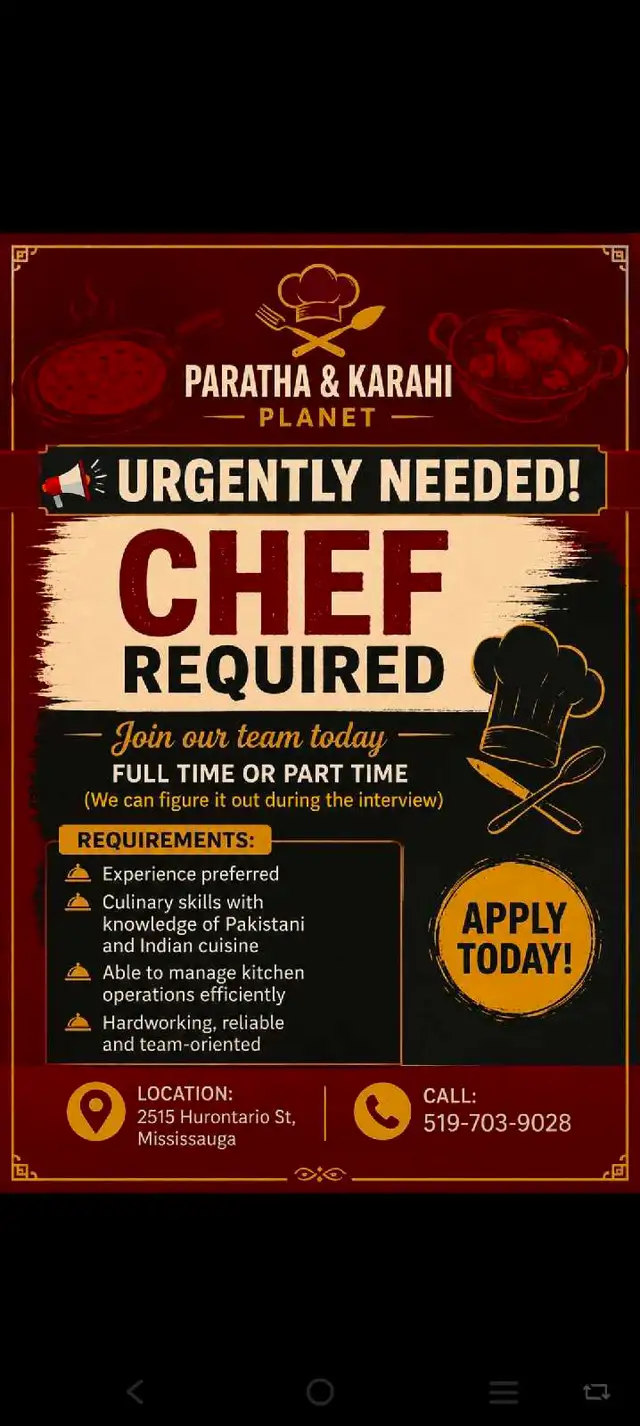 Urgent! Chef Required - Paratha & Karahi Planet