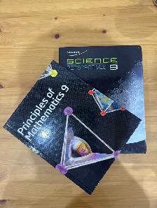 Grade 9 textbooks for physics and mathematics.