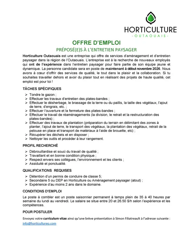 Offre d'emploi : Préposé à l'entretien paysager