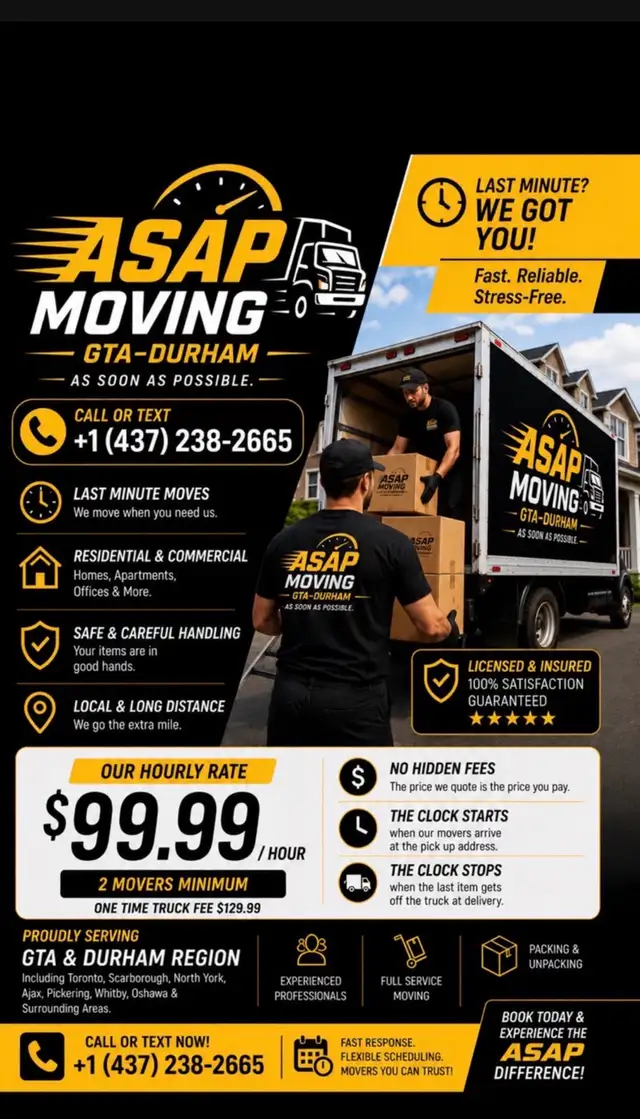 ASAP Moving GTA Durham       Movers !