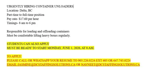 Urgently Hiring Team of 10 container unloaders