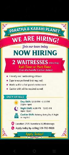 Urgent! Paratha & Karahi Planet is Hiring Waitresses/Cashiers