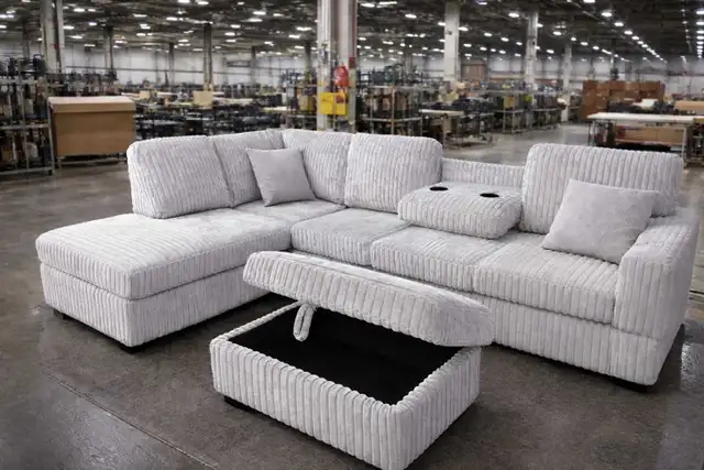 Corduroy sectional couch with ottoman